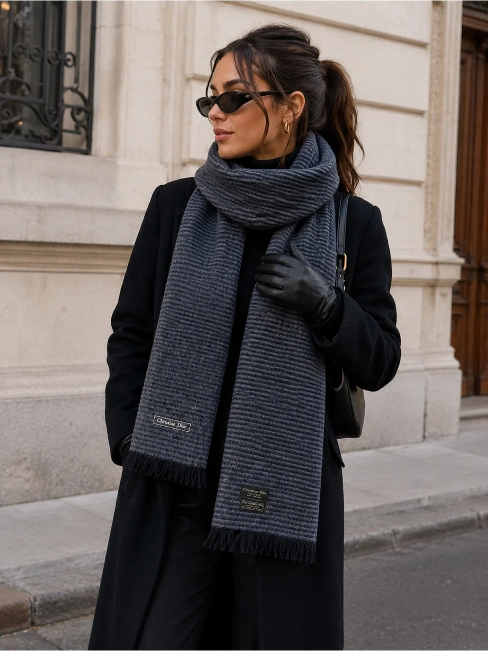 Dior Dark Gray Ribbed Wool Scarf